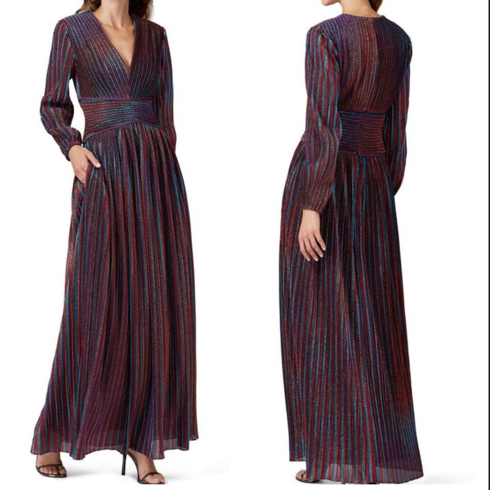 2741 Jonathan Simkhai Rainbow Metallic Pleated Long Sleeve V-Neck Party Gown 4